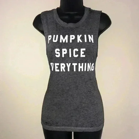 Fifth Sun Pumpkin Spice Gray White Spellout Sleeveless Muscle Tee Size S - Picture 2 of 5